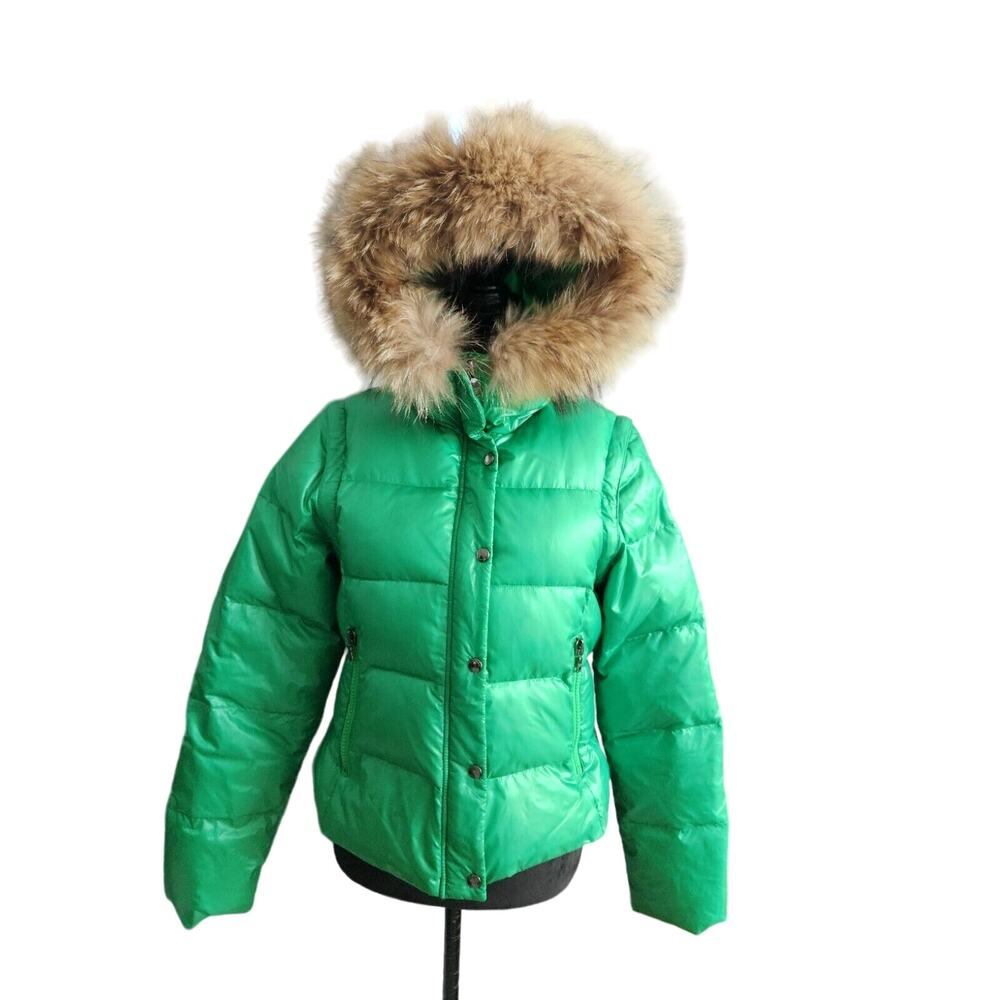 Andrew Marc goose down Green puffer jacket Fur Trim Hoodie Removable Sleeves S